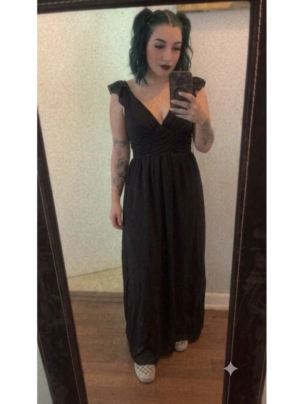 Showpo Stand Close Maxi Dress Black Chiffon Plunge V-Neck Cold Shoulder Size 6